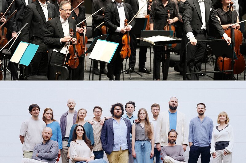 Preisträger 2026/2027: Die Neue Philharmonie Westfalen (oben) (c) Melissa Pieper und das Treppenhausorchester (unten) (c) Daniel Feistenauer