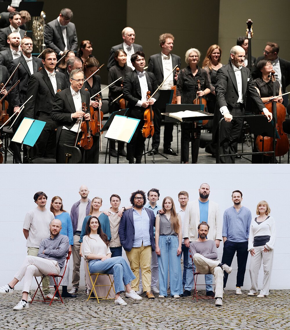 Preisträger 2026/2027: Die Neue Philharmonie Westfalen (oben) (c) Melissa Pieper und das Treppenhausorchester (unten) (c) Daniel Feistenauer